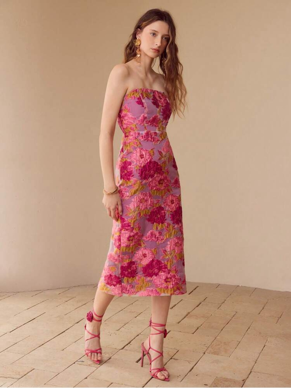 MOTF Strapless Pink Floral Midi Dress Size M